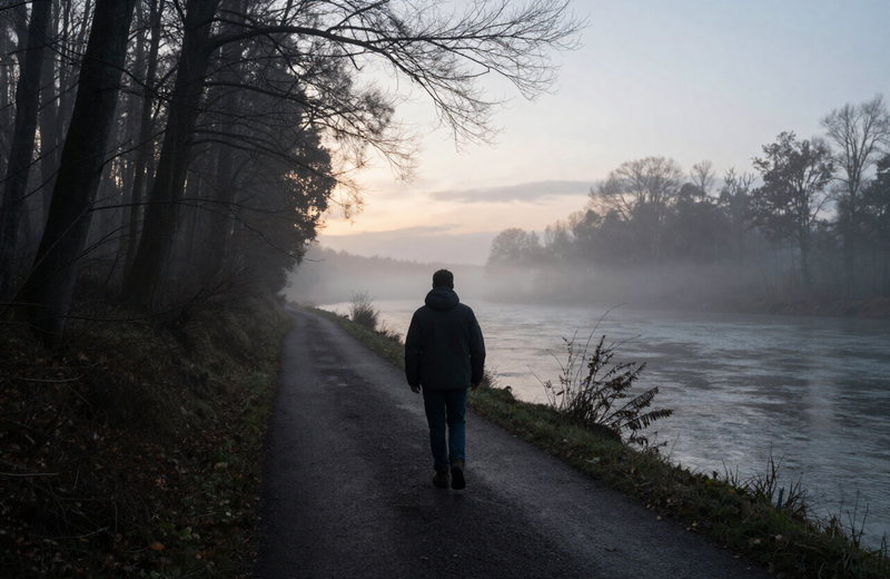 Mann geht bei Nebel entlang eines Flussweges